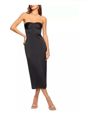 Ramy Brook Strapless Black Midi Dress with Corset Bodice .